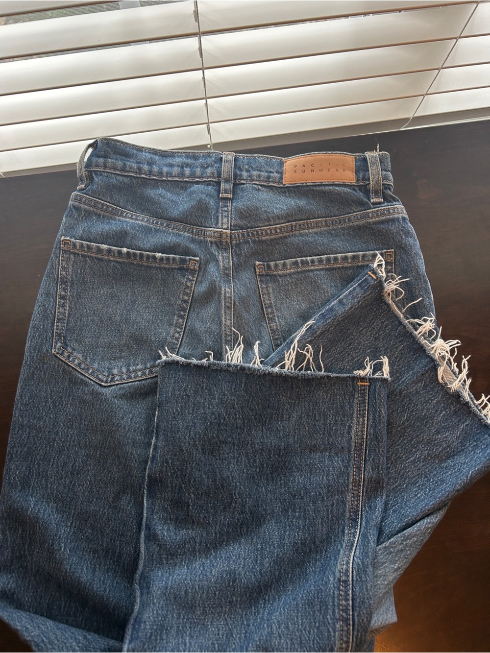 PacSun Women's Dark Blue High-Rise Wide Leg Jeans with Frayed Hem